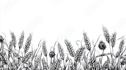 Monochromatic Wheat Field Illustration: A Detailed Pen and Ink Drawing of Wheat Stalks and Wildflowers