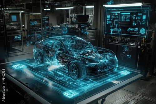 Futuristic Digital Blueprint of a High-Tech Sedan in an Automotive Workshop with Holographic Display and Detailed Engineering Specifications