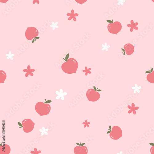 Seamless pattern of peach fruit with green leaves and cute flower on pink background vector.