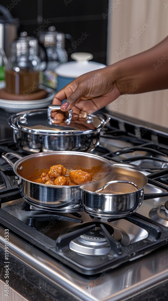 Close-up view of a woman's hand as it lifts the lid of an orange pot on an electric stove. The kitchen setting features a sleek design, showcasing the preparation of a delicious meal Close-up view of a woman's hand as it lifts the lid of an orange pot on an electric stove. The kitchen setting features a sleek design, showcasing the preparation of a delicious meal