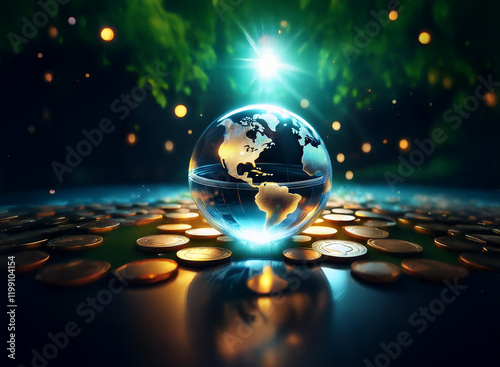 A glowing Earth rests on a bed of coins, surrounded by luminous foliage.  The scene evokes themes of global finance, environmental consciousness, and a bright future. photo