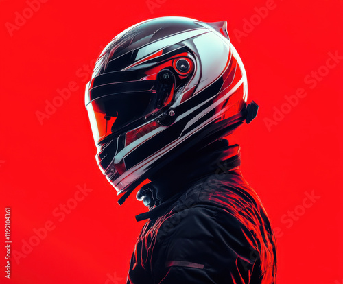 Racing driver in a helmet against a vibrant red background during a dynamic motorsport setting