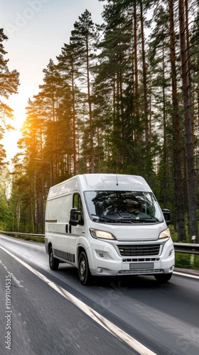 Wallpaper Mural A white cargo van is driving quickly on a country road surrounded by a vibrant green forest and a clear blue sky. The warm sunlight enhances the summer atmosphere, creating a dynamic scene Torontodigital.ca