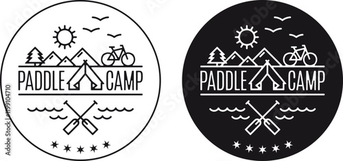 Minimalist Line Art Logo Design for Paddle Camp Featuring Tent, Mountains, Bike, Paddles, and Nature Symbols