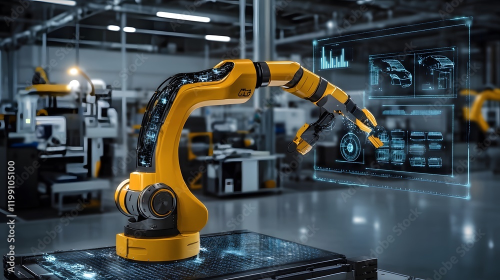 Fototapeta premium Robotic Arm Interacting With Digital Factory Interface