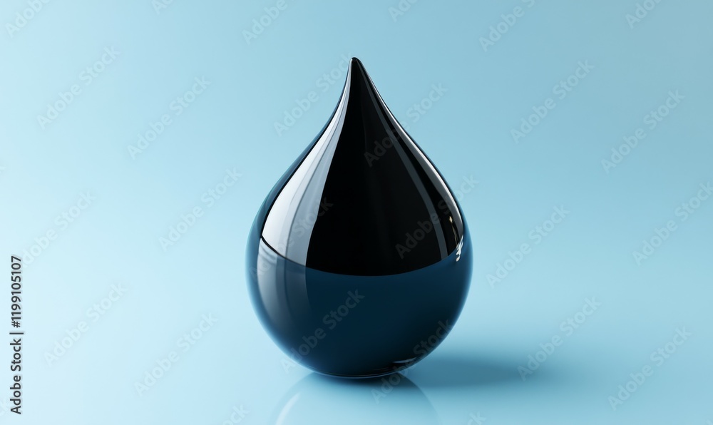 glossy black oil droplet on shimmering blue background, reflecting light glossy black oil droplet on shimmering blue background, reflecting light
