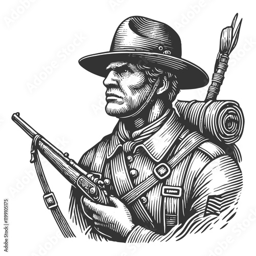 vintage soldier holding a rifle, wearing a wide-brimmed hat and carrying a rolled pack on his back sketch engraving generative ai vector illustration. Scratch board imitation. Black and white image.