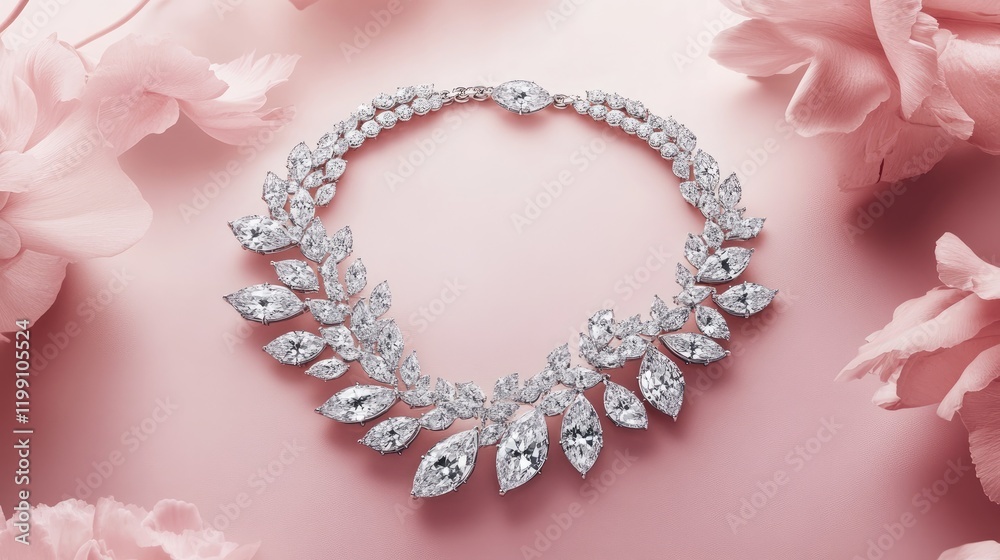 Fototapeta premium A luxurious diamond necklace floating on a pale blush pink background.