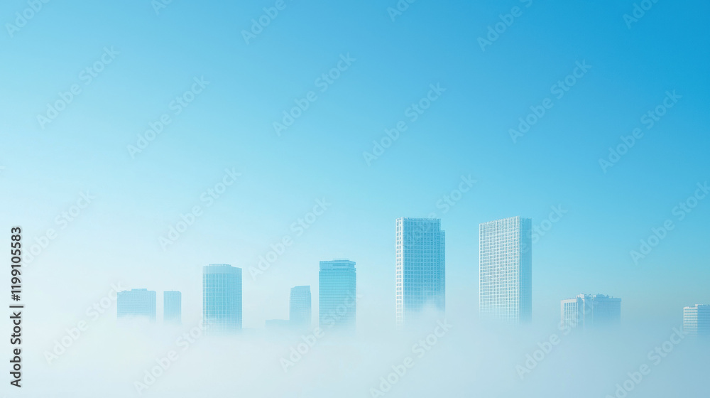 city skyline emerges through misty fog under clear blue sky city skyline emerges through misty fog under clear blue sky