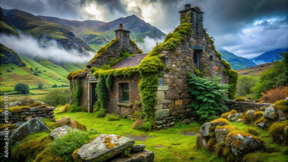Naklejka premium Scotland's highland ruins: ancient stone house, village decay, evocative photography.