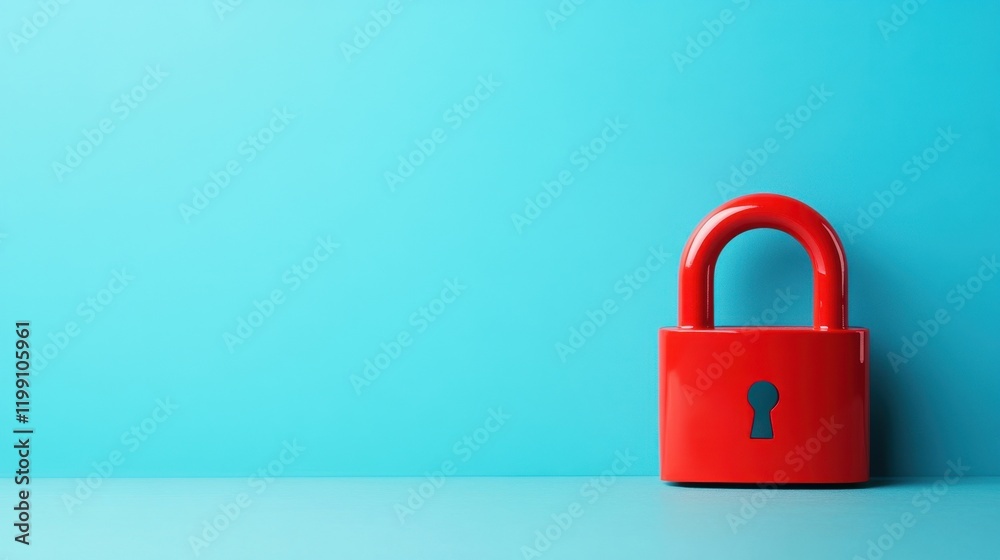 Fototapeta premium A padlock with a vibrant red body on a soft blue background, standing out boldly