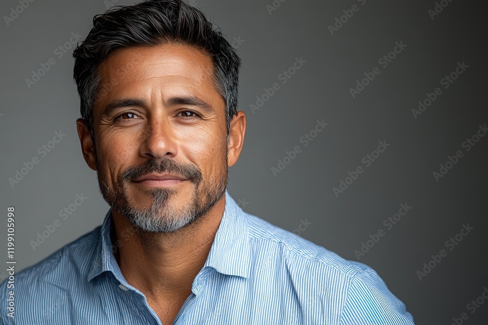 Portrait of a smiling man with a well-groomed beard, wearing a light blue shirt. Portrait of a smiling man with a well-groomed beard, wearing a light blue shirt.