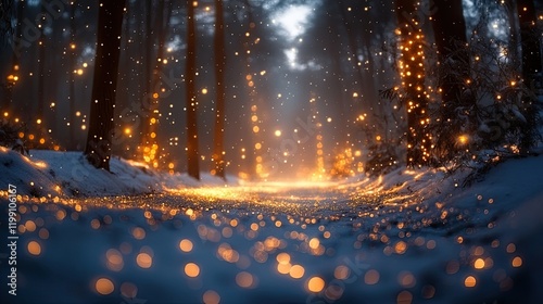 A Magical Winter Wonderland Scene of a Snow-Covered Forest with Twinkling Fairy Lights on the Trees