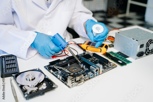 The technician repairing the motherboard in the lab with copy space. the concept