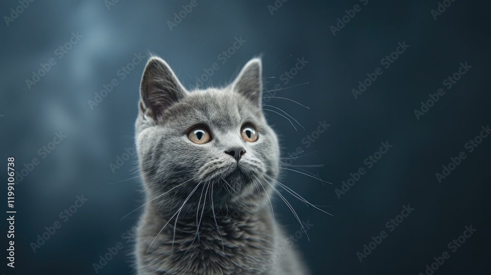 A cute British Shorthair cat with an open mouth looks surprised against a black background. This high-resolution image offers ample space for text, ideal for banners or advertising purposes A cute British Shorthair cat with an open mouth looks surprised against a black background. This high-resolution image offers ample space for text, ideal for banners or advertising purposes
