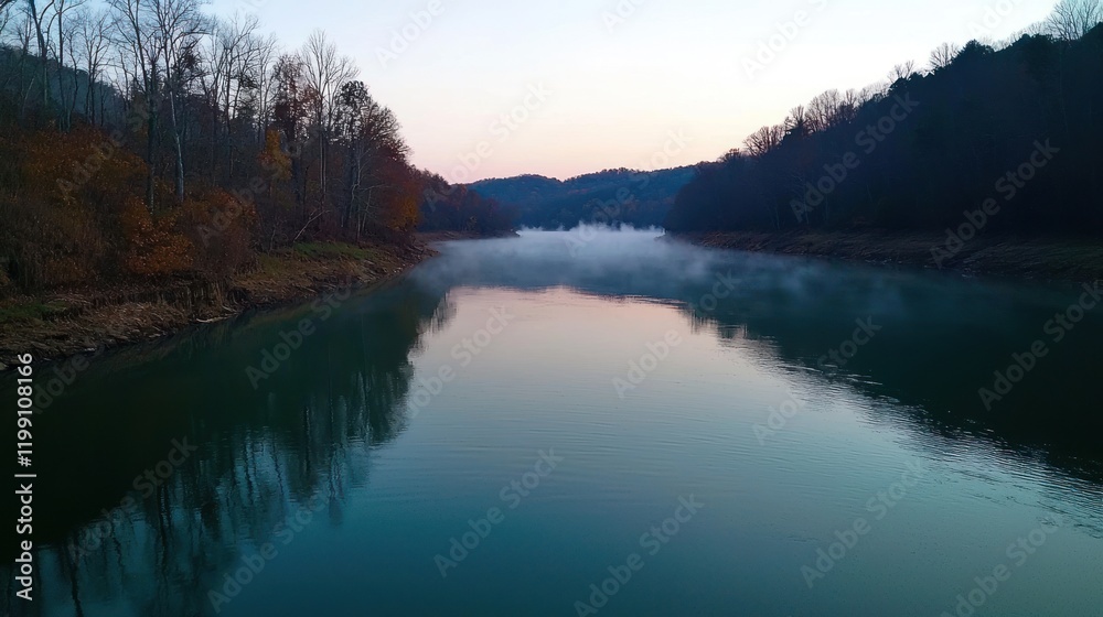 Serene river landscape at dawn with mist and autumn foliage. Serene river landscape at dawn with mist and autumn foliage.