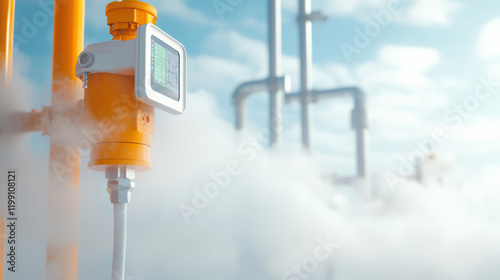 Industrial pressure sensor with steam in background, showcasing technology