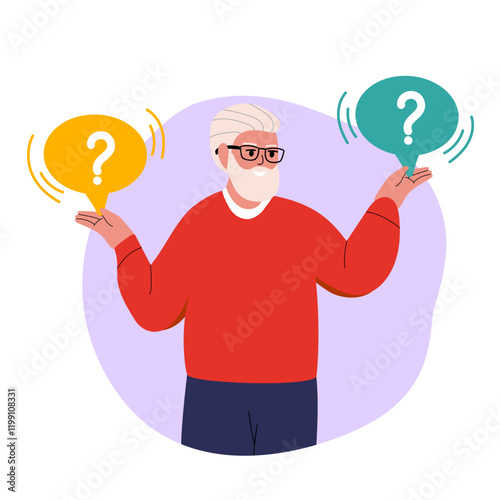 Make Choice, Decision Concept. Grandfather. Puzzled Senior Man Doubting, Deciding. Questioned Employee Thinking, Analysing Two Options. Vector illustration isolated on white background