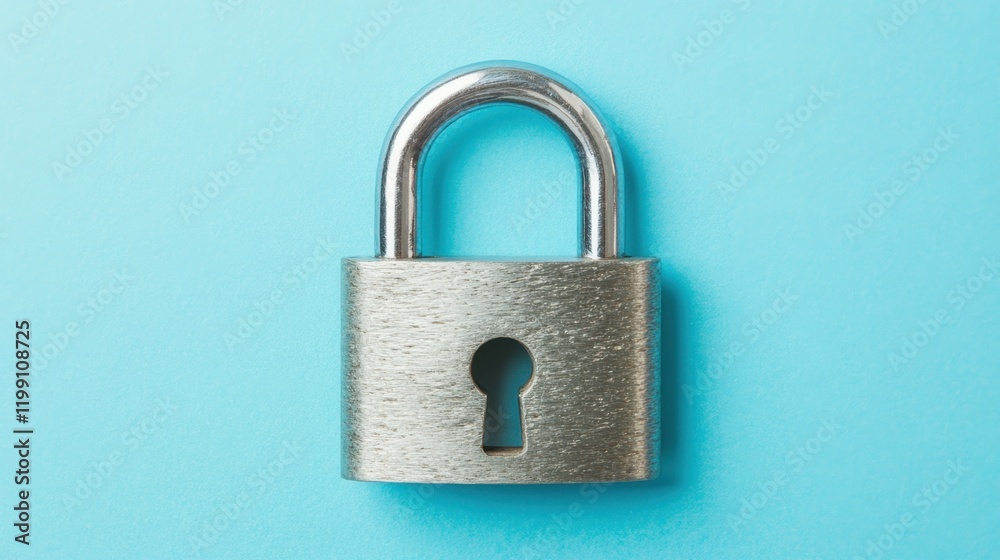 A silver padlock with a sleek design resting on a soft blue background, minimalist and modern A silver padlock with a sleek design resting on a soft blue background, minimalist and modern