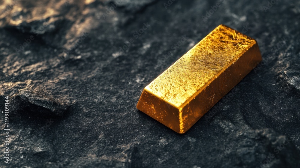 A single gold bar with gleaming edges on a textured black background, simple yet striking A single gold bar with gleaming edges on a textured black background, simple yet striking
