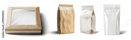 3D vector illustration of various food packaging designs, including a box with a transparent window and different types of pouches. Perfect for branding, food products, or packaging design projects.