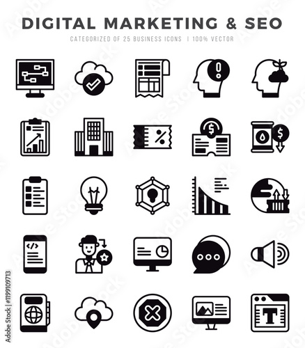 Set of 25 Digital Marketing & SEO Lineal Filled Icons Pack.