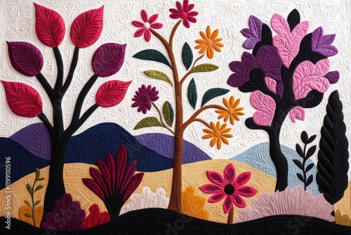 Appliqué Quilted Landscape with Trees and Flowers