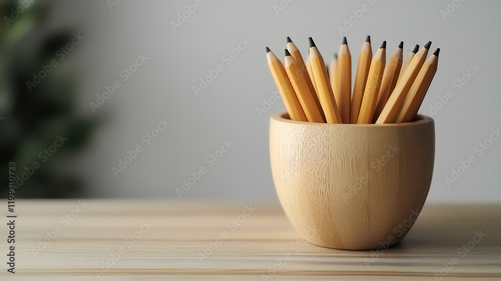 Obraz premium Wooden pencils in holder on desk, office background