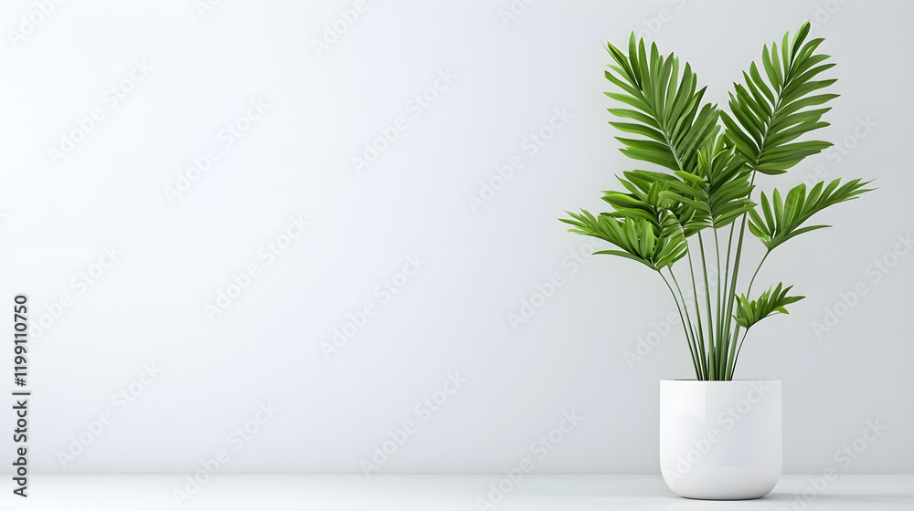 Fototapeta premium Lush green plant in white pot against minimalistic background