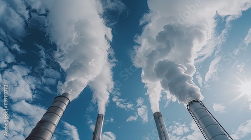 Thick black smoke rises from tall industrial chimneys against a vibrant blue sky, showcasing the environmental impact of manufacturing activities in an urban setting photo