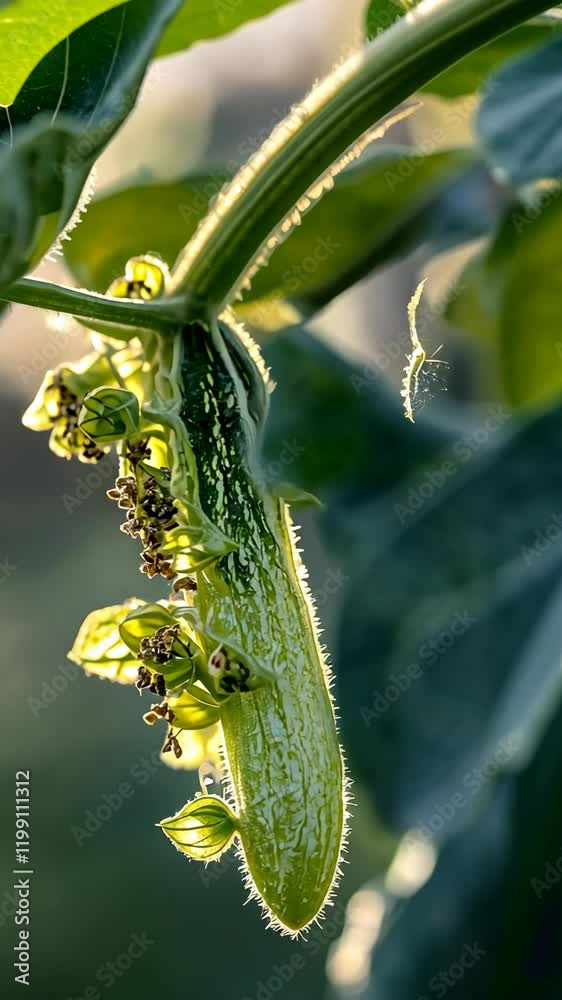 Close-up of a cucumber plant with blossoms and tiny insects in the early morning light
