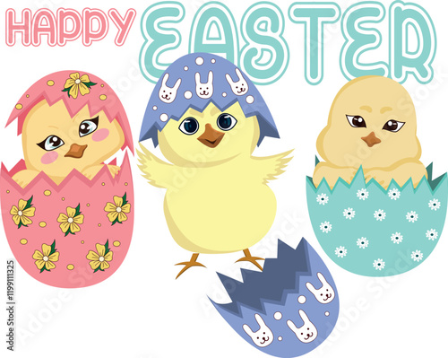 Vector Illustration of Cute Yellow Chicks Hatching from Painted Easter Eggs.A clean and colorful vector illustration featuring adorable yellow chicks hatching from beautifully painted Easter eggs. 