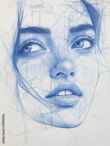 A unique blue-pencil sketch depicting the features of a woman. photo