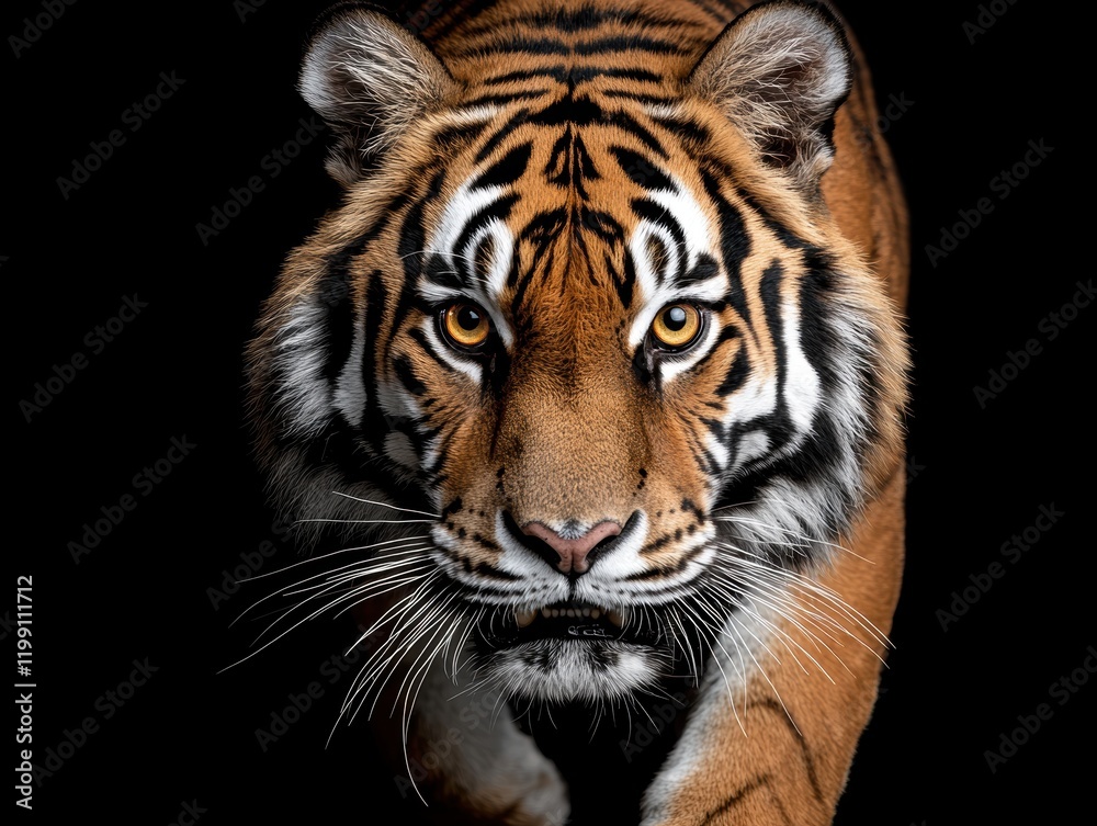 Naklejka premium Closeup of a tiger's face, looking directly at the camera