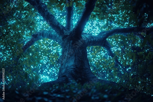 Mysterious tree glowing under a starry night sky in a magical forest setting photo