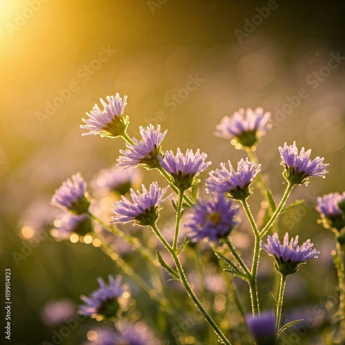 A soft-focus close-up of wildflowers with morning dew. 