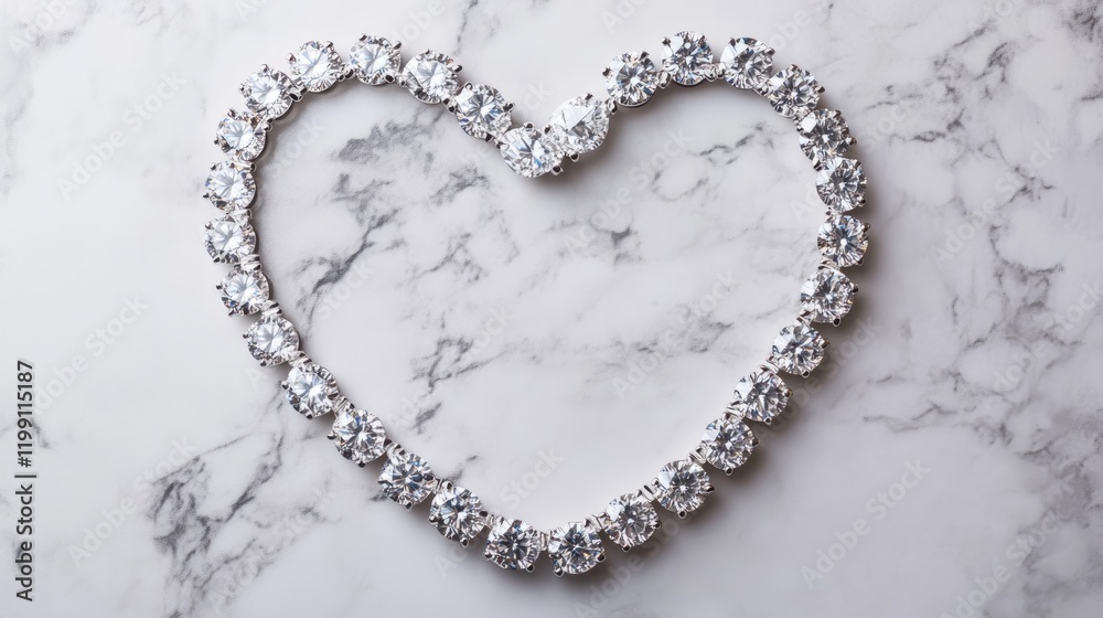 Obraz premium Diamond necklace arranged in a heart shape on a white marble background.