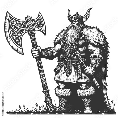 Viking warrior with a horned helmet, flowing beard, battle axe, and a billowing cape, standing in a powerful pose sketch engraving generative ai vector illustration. Scratch board. Black and white.