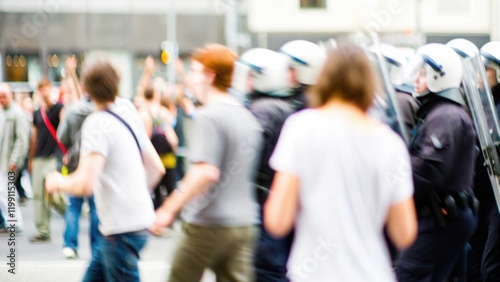 Riot Police and Protesters Blur – A blurred photo showing the standoff between police and rioters.	
 photo