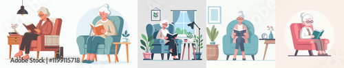 vector set of grandmother reading a novel on a chair