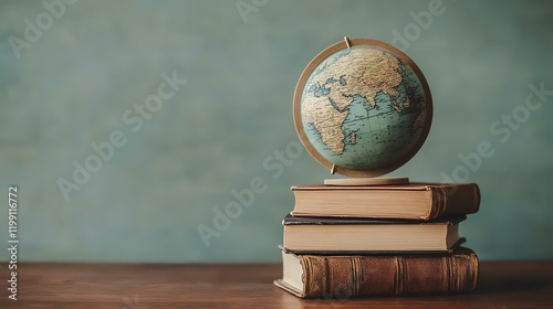 Globe on antique books, teal wall background; education, travel, research
