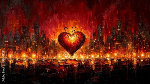 Glowing heart above cityscape at night, painted in red and orange hues.