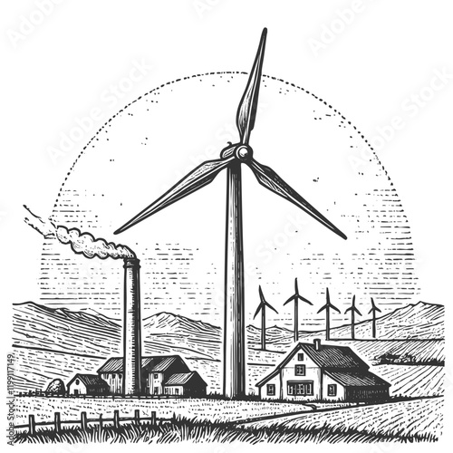 wind turbine in a rural landscape with houses, fields, power lines, and cloudy skies sketch engraving generative ai vector illustration. Scratch board imitation. Black and white image.