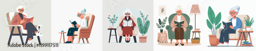 vector set of grandmother reading a novel on a chair