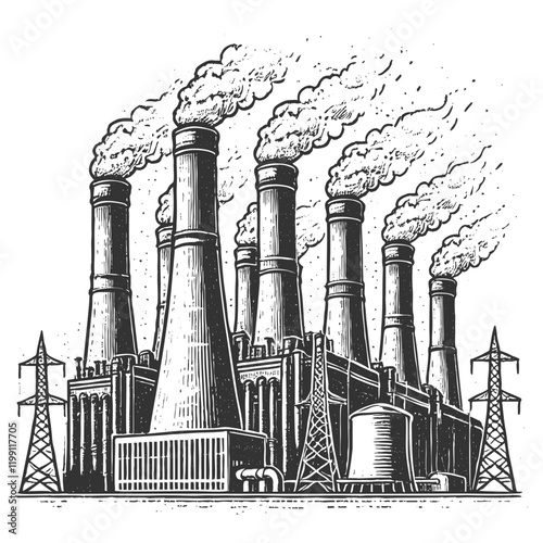 coal power plant featuring tall smokestacks, industrial buildings, electrical towers, and a riverside setting sketch engraving generative ai vector illustration. Scratch board. Black and white image.