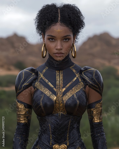 Futuristic warrior woman in golden armor