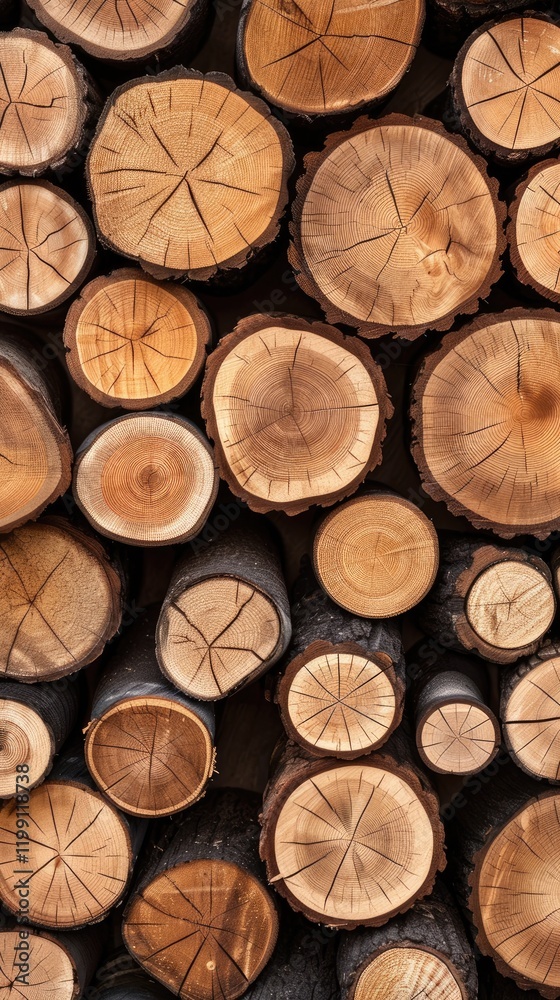 Stacked pine wood cut tree trunks are displayed in a close-up view, highlighting the intricate textures and patterns of the wood. Natural lighting enhances the overall appearance and depth Stacked pine wood cut tree trunks are displayed in a close-up view, highlighting the intricate textures and patterns of the wood. Natural lighting enhances the overall appearance and depth