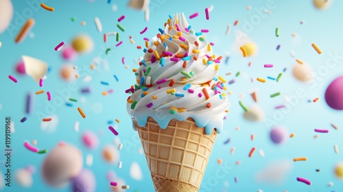 A colorful ice cream cone topped with swirls of soft serve and vibrant sprinkles against a bright blue background.