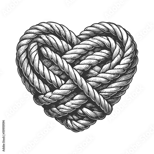 heart made from twisted rope, symbolizing strength, connection, and love with a rustic touch sketch engraving generative ai vector illustration. Scratch board imitation. Black and white image