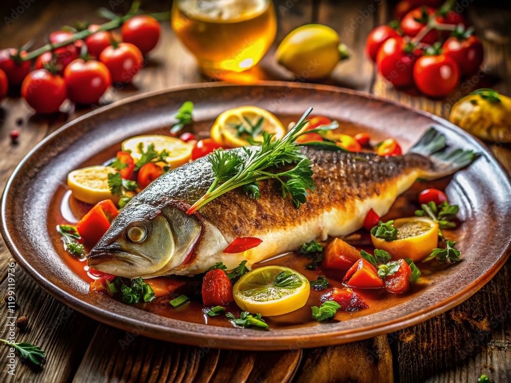 European Fish Dishes, Appetizing Plates, Low Light, Food Photography European Fish Dishes, Appetizing Plates, Low Light, Food Photography